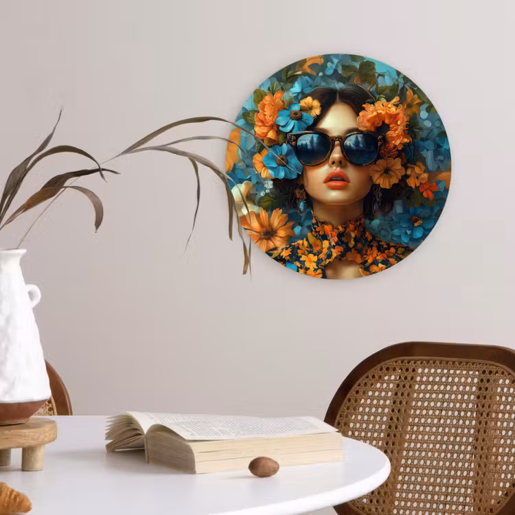Vrouw - Bloemen - Oranje - Blauw - Modern Wandcirkel kunststof plaat 5mm dik klein -sfeer4