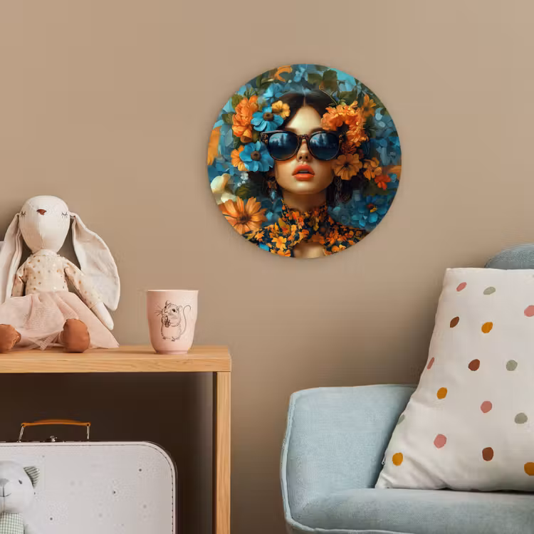 Vrouw - Bloemen - Oranje - Blauw - Modern Wandcirkel kunststof plaat 5mm dik klein -tsfeer1_kind