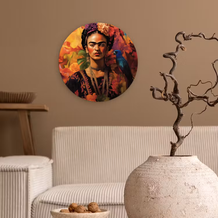 Vrouw - Bloemen - Papegaai - Schilderachtig Wandcirkel kunststof plaat 5mm dik klein -sfeer1