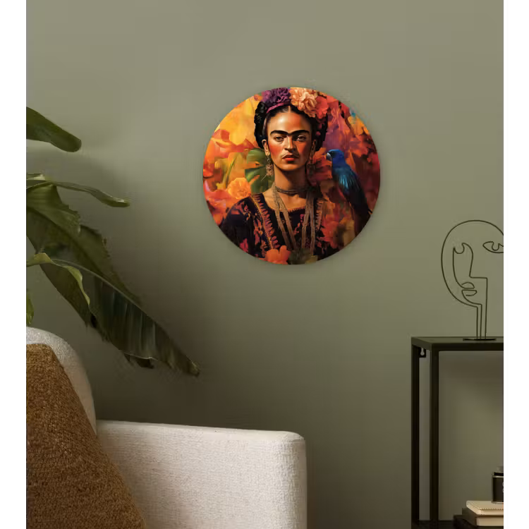 Vrouw - Bloemen - Papegaai - Schilderachtig Wandcirkel kunststof plaat 5mm dik klein -sfeer3