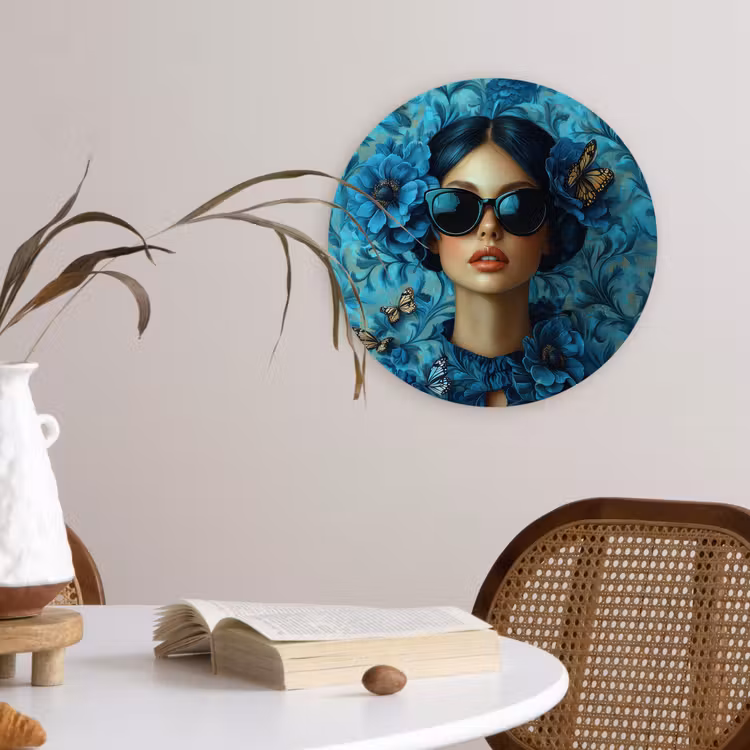 Vrouw - Bloemen - Vlinders - Blauw - Abstract Wandcirkel kunststof plaat 5mm dik klein -sfeer4