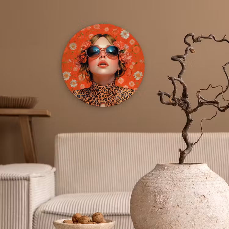 Vrouw - Kleurrijk - Dierenprint - Bloemen Wandcirkel kunststof plaat 5mm dik klein -sfeer1