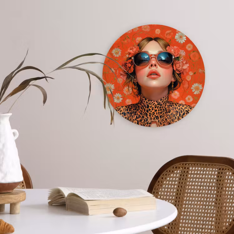 Vrouw - Kleurrijk - Dierenprint - Bloemen Wandcirkel kunststof plaat 5mm dik klein -sfeer4