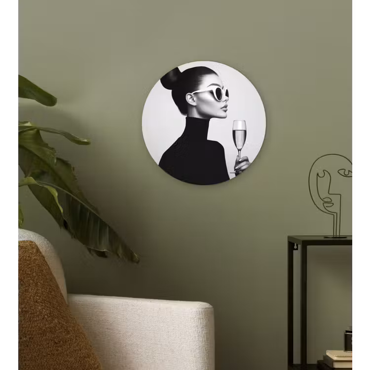 Vrouw - Champagne - Modern Wandcirkel kunststof plaat 5mm dik klein -sfeer3