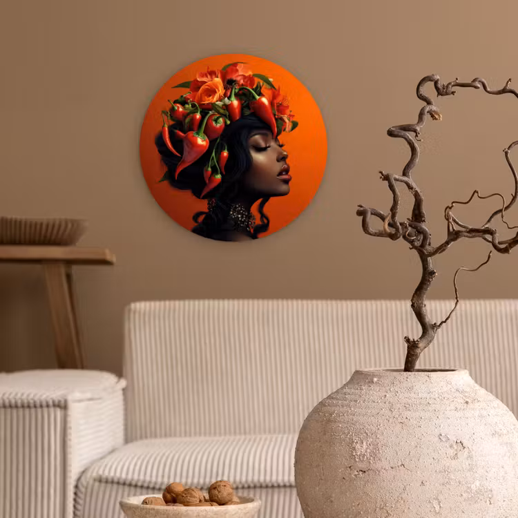Vrouw - Chilipepers - Pepers - Bloemen Wandcirkel kunststof plaat 5mm dik klein -sfeer1