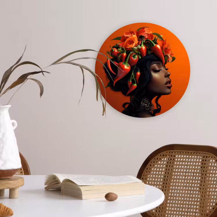 Vrouw - Chilipepers - Pepers - Bloemen Wandcirkel kunststof plaat 5mm dik klein -sfeer4