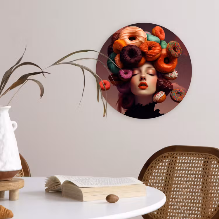 Vrouw - Donuts - Kleurrijk Wandcirkel kunststof plaat 5mm dik klein -sfeer4