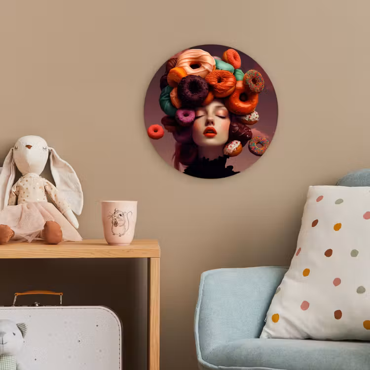 Vrouw - Donuts - Kleurrijk Wandcirkel kunststof plaat 5mm dik klein -tsfeer1_kind
