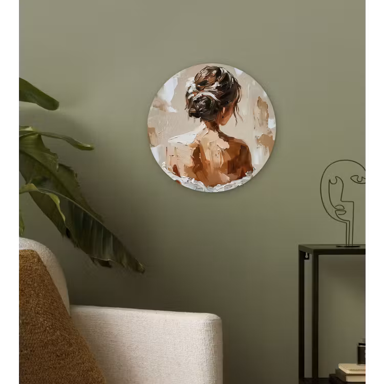Vrouw - Verf - Abstract - Beige - Modern Wandcirkel kunststof plaat 5mm dik klein -sfeer3