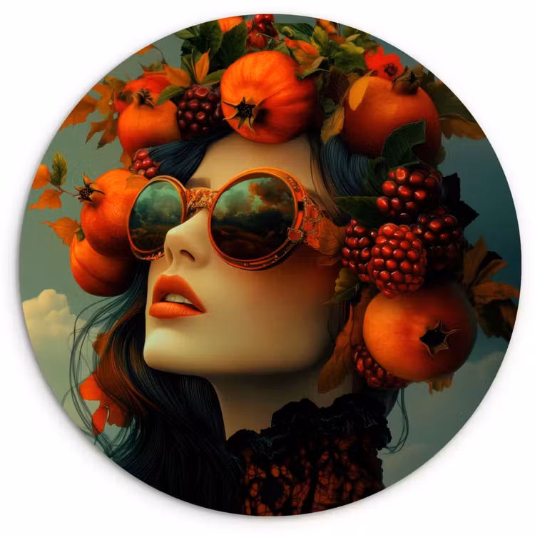 Vrouw - Granaatappel - Herfst - Zonnebril Wandcirkel kunststof plaat 5mm dik klein -3d