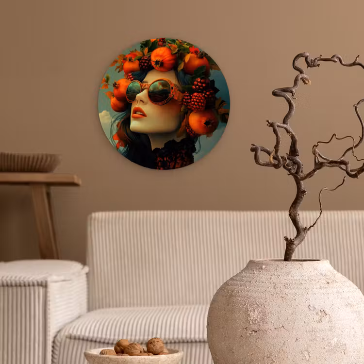 Vrouw - Granaatappel - Herfst - Zonnebril Wandcirkel kunststof plaat 5mm dik klein -sfeer1