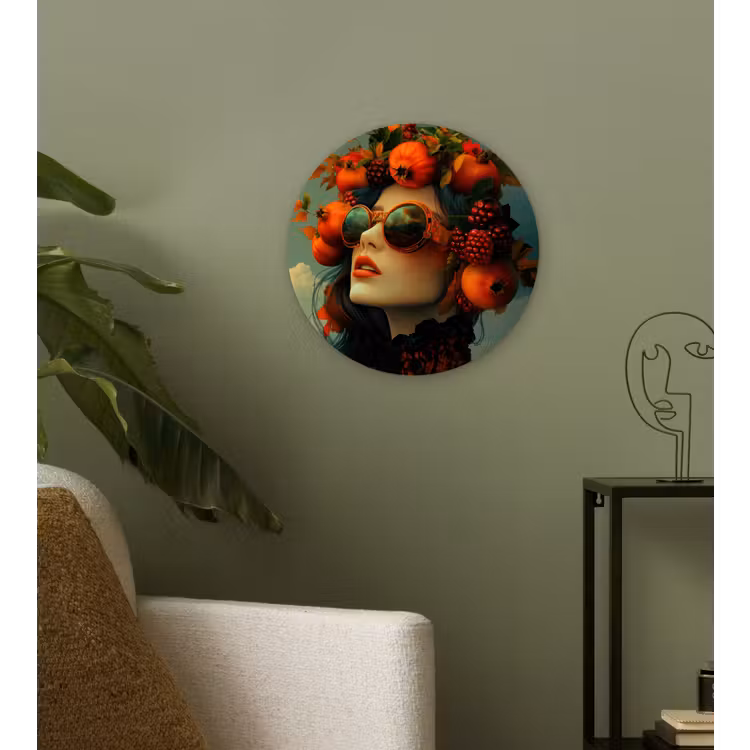 Vrouw - Granaatappel - Herfst - Zonnebril Wandcirkel kunststof plaat 5mm dik klein -sfeer3