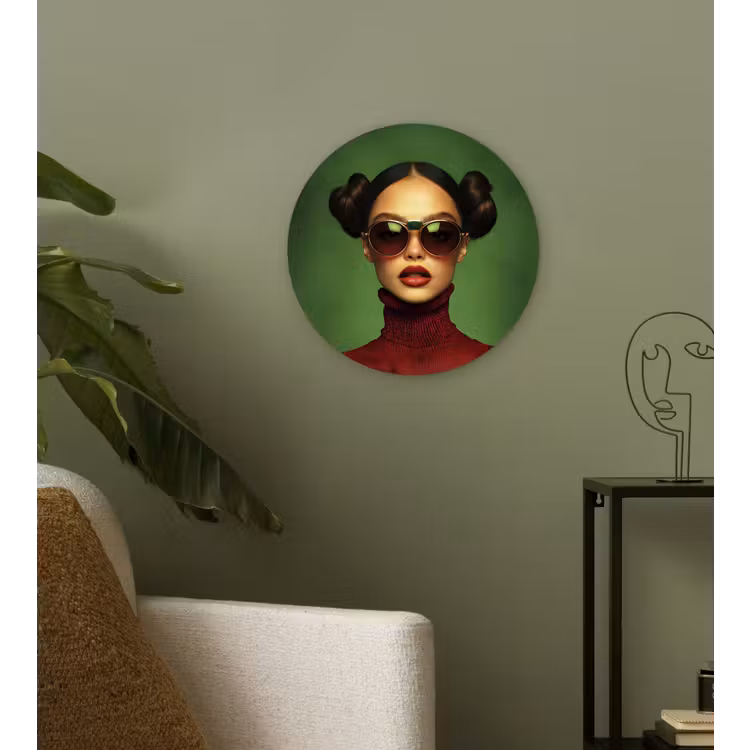 Vrouw - Groen - Bril - Aesthetic - Modern Wandcirkel kunststof plaat 5mm dik klein -sfeer3