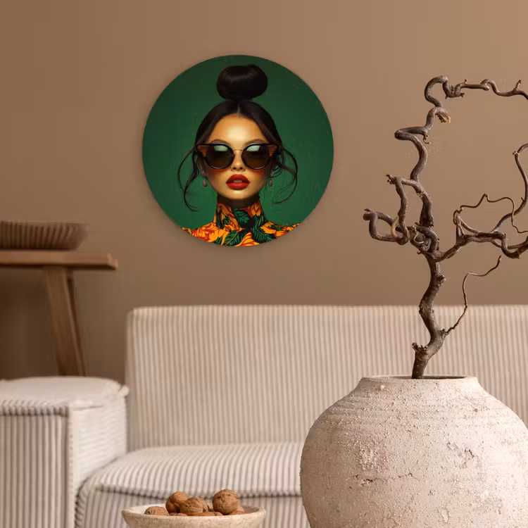 Vrouw - Groen - Modern - Bril - Abstract Wandcirkel kunststof plaat 5mm dik klein -sfeer1
