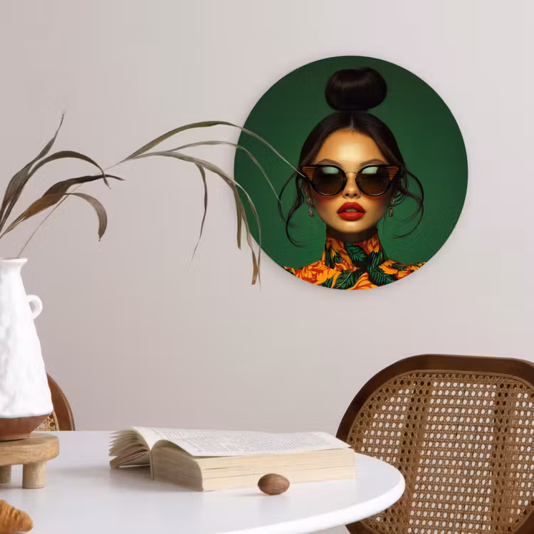 Vrouw - Groen - Modern - Bril - Abstract Wandcirkel kunststof plaat 5mm dik klein -sfeer4