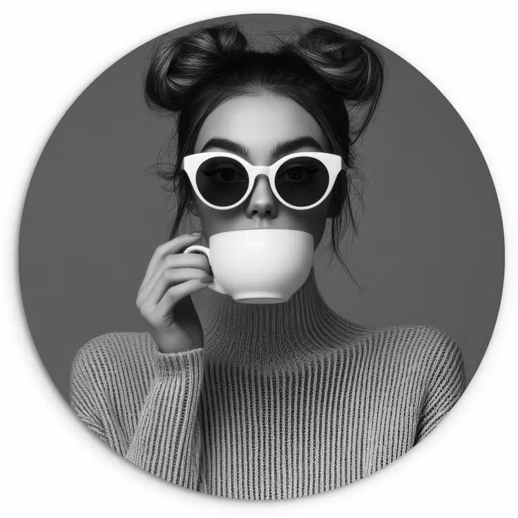Vrouw - Koffie - Zwart - Wit Wandcirkel kunststof plaat 5mm dik klein -3d