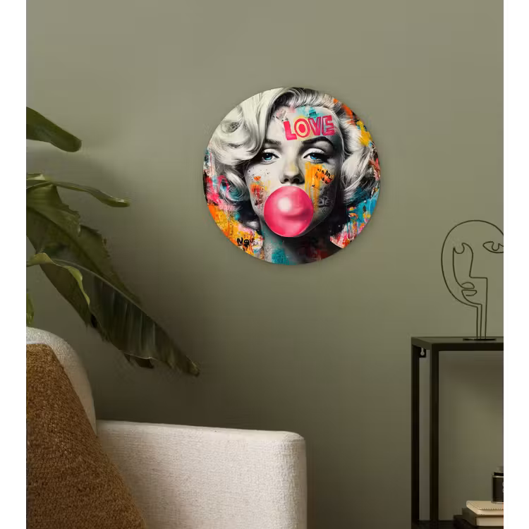 Vrouw - Kauwgom - Graffiti - Neonkleuren Wandcirkel kunststof plaat 5mm dik klein -sfeer3