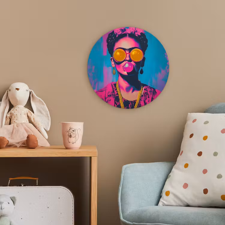 Vrouw - Kauwgom - Zonnebril - Oranje Wandcirkel kunststof plaat 5mm dik klein -tsfeer1_kind