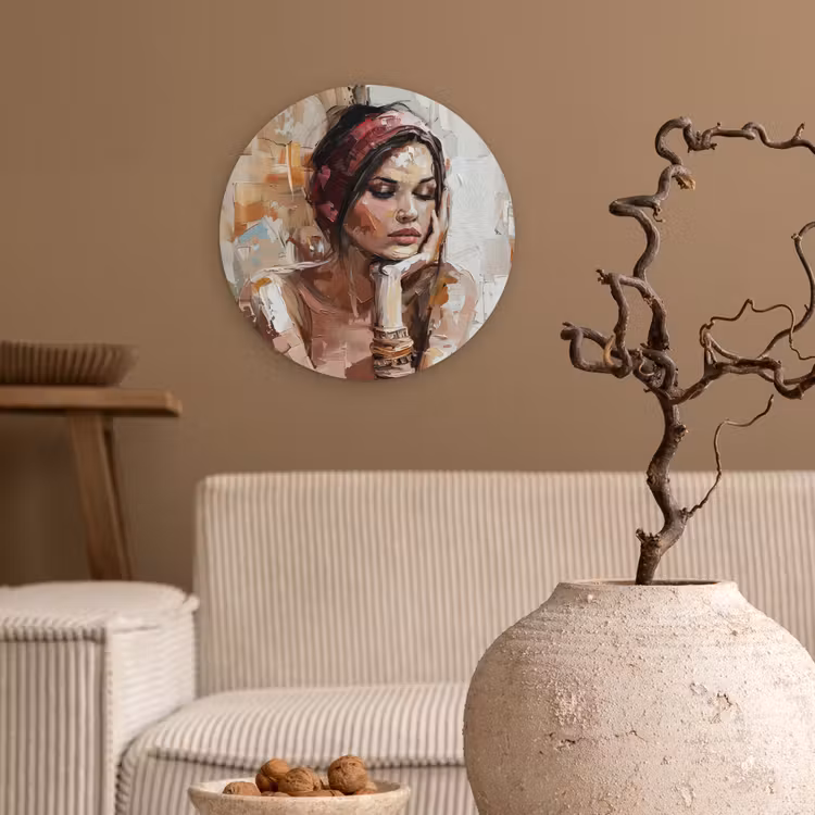 Vrouw - Verflook - Portret - Modern Wandcirkel kunststof plaat 5mm dik klein -sfeer1