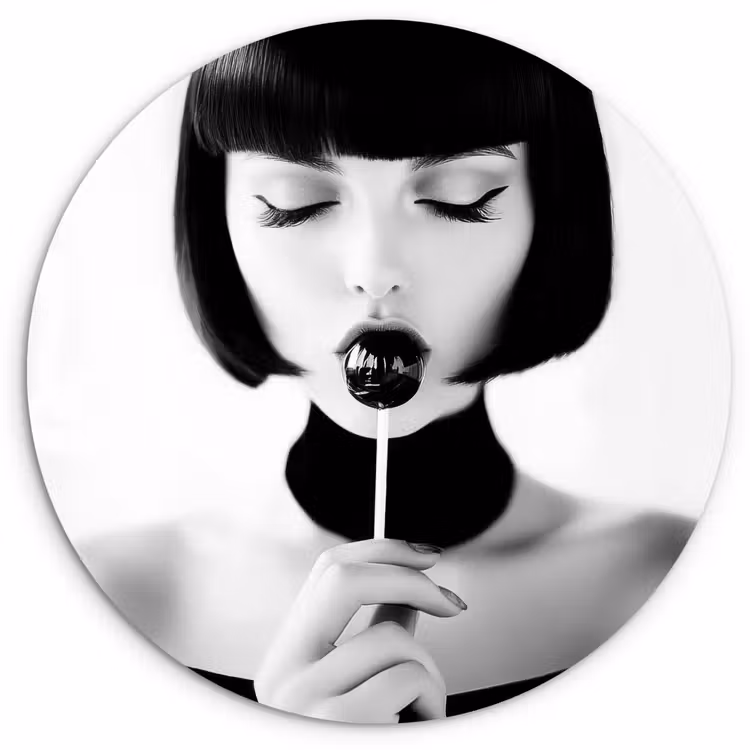 Vrouw - Lolly - Zwart - Wit Wandcirkel kunststof plaat 5mm dik klein -3d