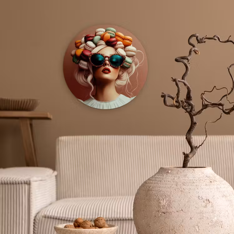 Vrouw - Macarons - Bril Wandcirkel kunststof plaat 5mm dik klein -sfeer1