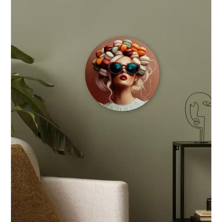 Vrouw - Macarons - Bril Wandcirkel kunststof plaat 5mm dik klein -sfeer3