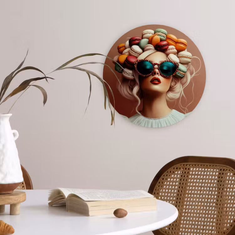 Vrouw - Macarons - Bril Wandcirkel kunststof plaat 5mm dik klein -sfeer4