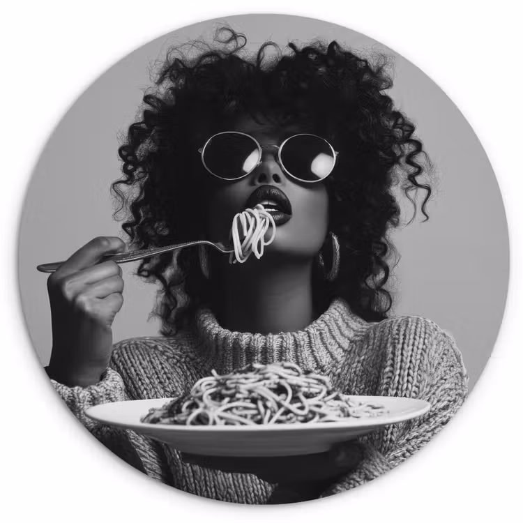 Vrouw - Pasta - Zwart - Wit Wandcirkel kunststof plaat 5mm dik klein -3d