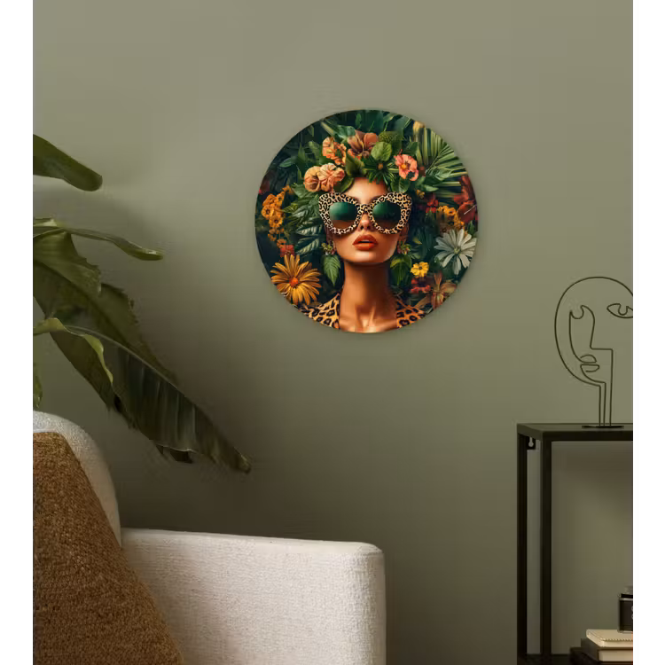 Vrouw - Panterprint - Jungle - Natuur - Luxe Wandcirkel kunststof plaat 5mm dik klein -sfeer3