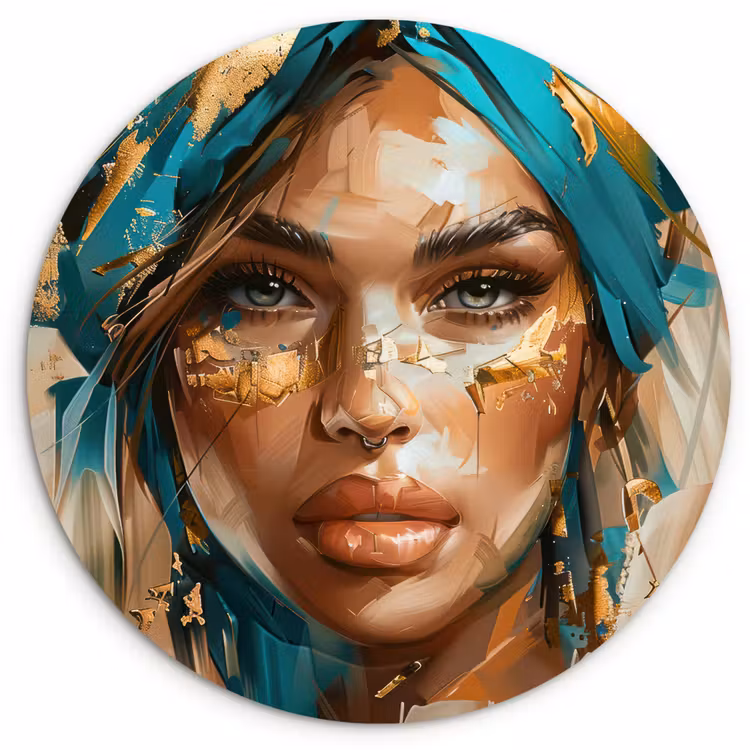 Vrouw - Portret - Goud - Luxe - Blauw Wandcirkel kunststof plaat 5mm dik klein -3d