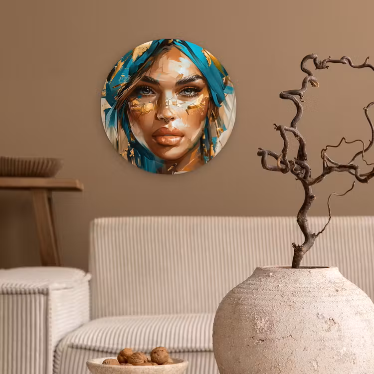Vrouw - Portret - Goud - Luxe - Blauw Wandcirkel kunststof plaat 5mm dik klein -sfeer1