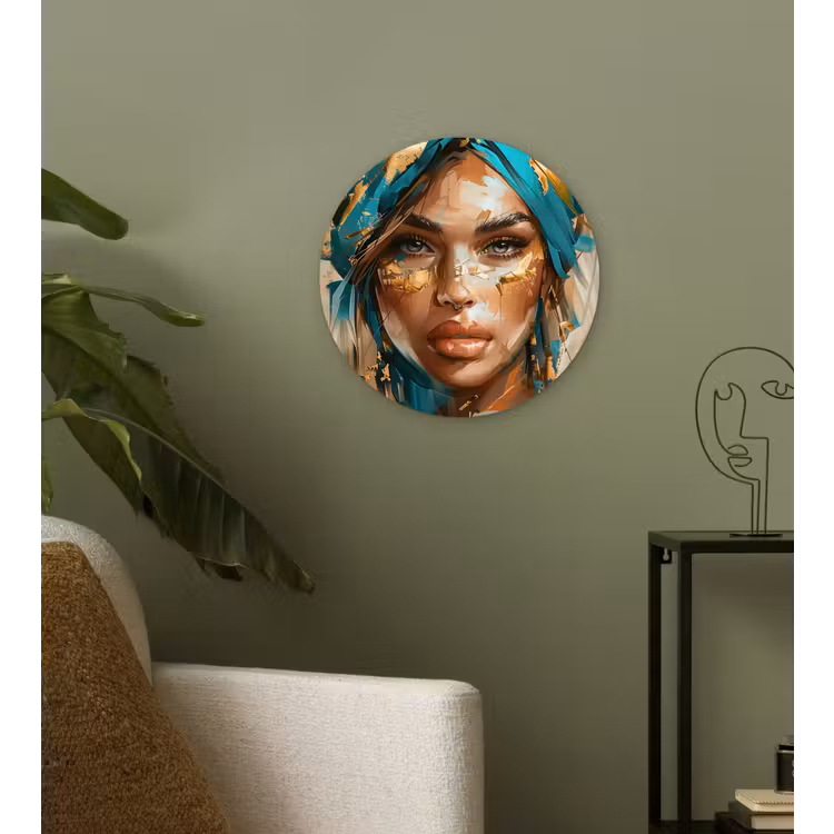 Vrouw - Portret - Goud - Luxe - Blauw Wandcirkel kunststof plaat 5mm dik klein -sfeer3