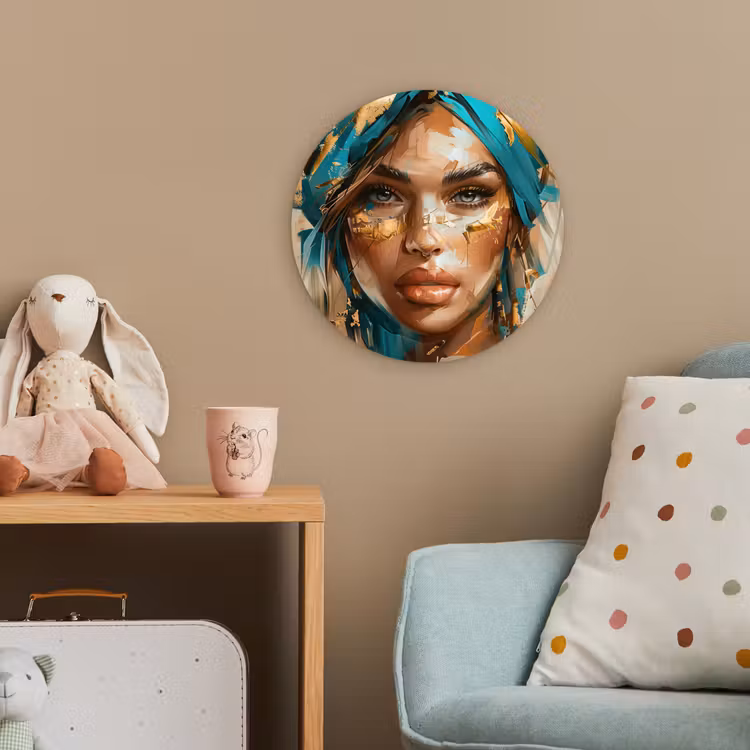 Vrouw - Portret - Goud - Luxe - Blauw Wandcirkel kunststof plaat 5mm dik klein -tsfeer1_kind