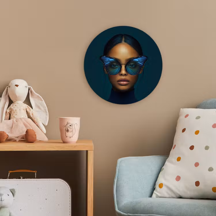 Vrouw - Vlinder - Bril - Blauw - Modern - Portret Wandcirkel kunststof plaat 5mm dik klein -tsfeer1_kind