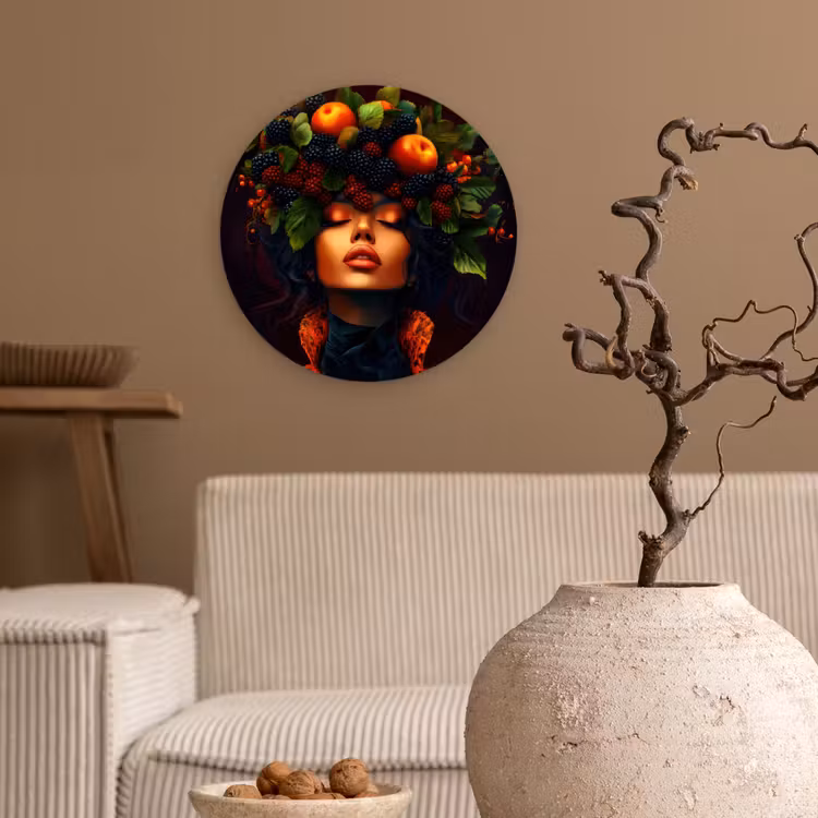 Vrouw - Zwart - Bessen - Bramen - Appels Wandcirkel kunststof plaat 5mm dik klein -sfeer1