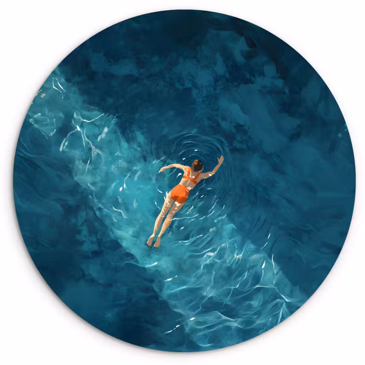 Vrouw - Water - Bikini - Oranje Wandcirkel kunststof plaat 5mm dik klein -3d
