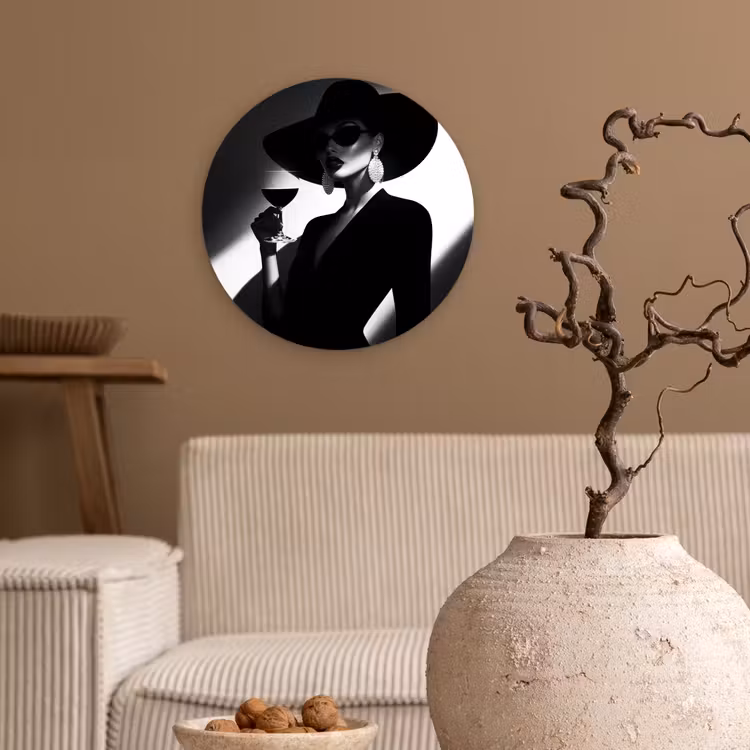 Vrouw - Wijn - Chic Wandcirkel kunststof plaat 5mm dik klein -sfeer1