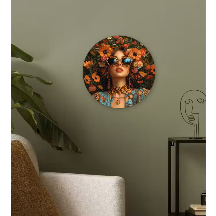Vrouwen - Bloemen - Modern - Bril - Abstract Wandcirkel kunststof plaat 5mm dik klein -sfeer3