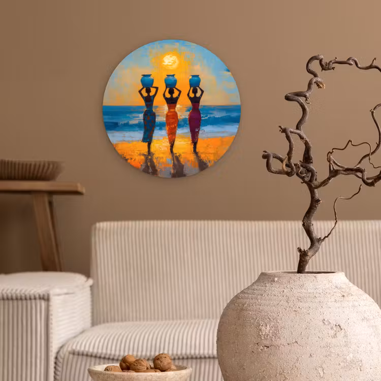 Vrouwen - Strand - Zondsondergang Wandcirkel kunststof plaat 5mm dik klein -sfeer1