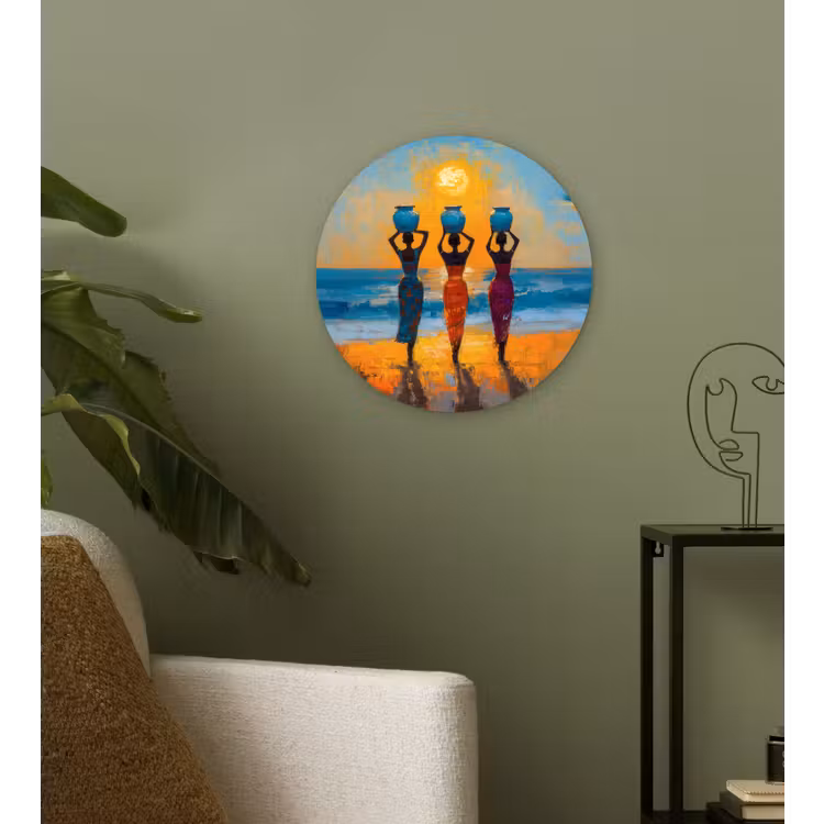 Vrouwen - Strand - Zondsondergang Wandcirkel kunststof plaat 5mm dik klein -sfeer3