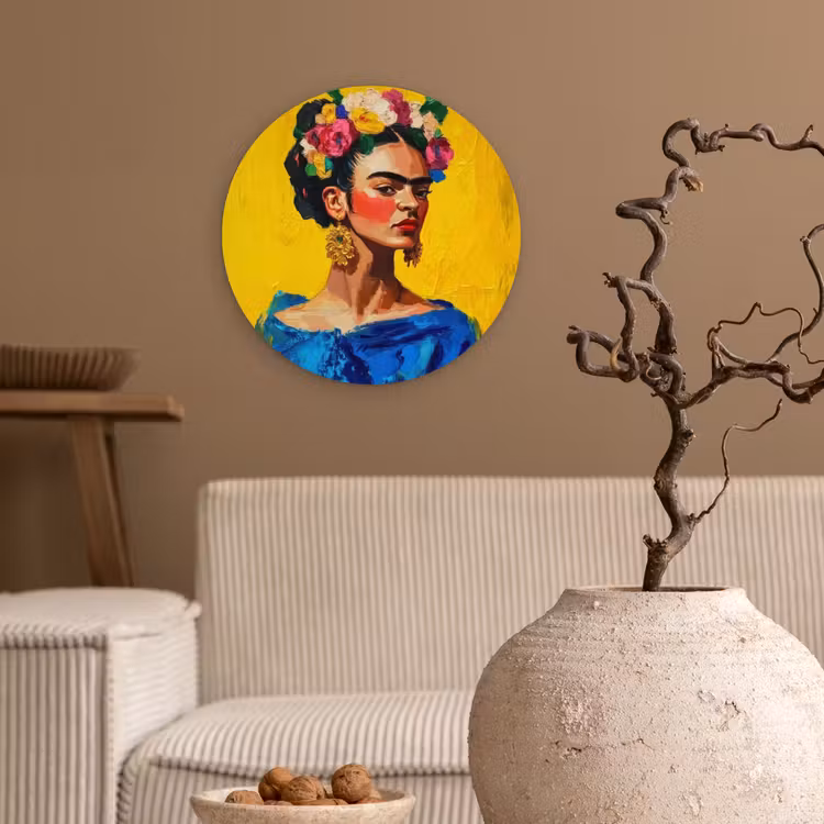 Frida Kahlo - Vrouw - Geel - Blauw - Bloemen Wandcirkel kunststof plaat 5mm dik klein -sfeer1