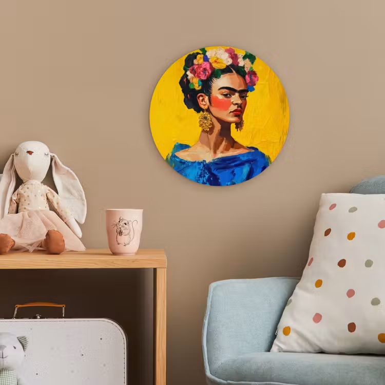 Frida Kahlo - Vrouw - Geel - Blauw - Bloemen Wandcirkel kunststof plaat 5mm dik klein -tsfeer1_kind