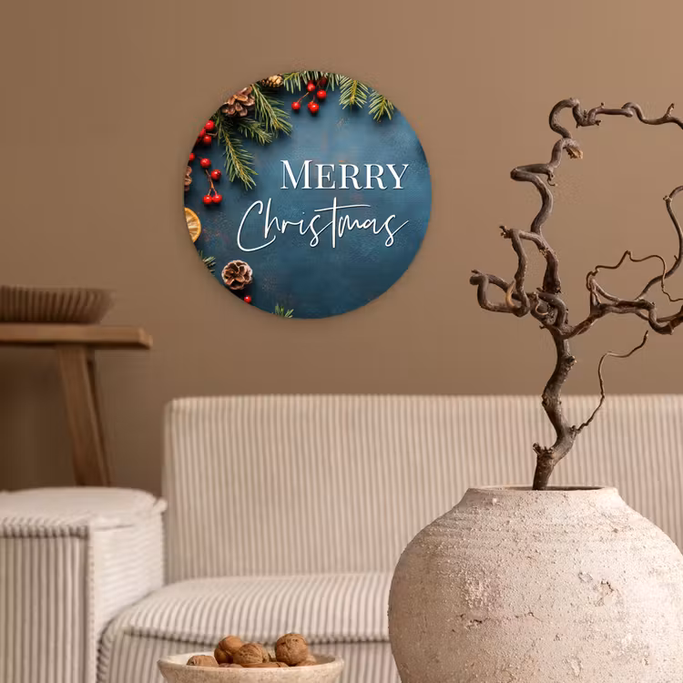 Merry Christmas - Blauw - Kerst - Winter Wandcirkel kunststof plaat 5mm dik klein -sfeer1
