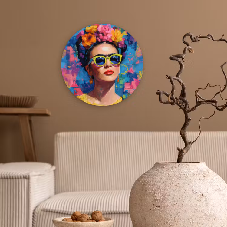 Vrolijk portret - Vrouw - Bloemenkroon Wandcirkel kunststof plaat 5mm dik klein -sfeer1