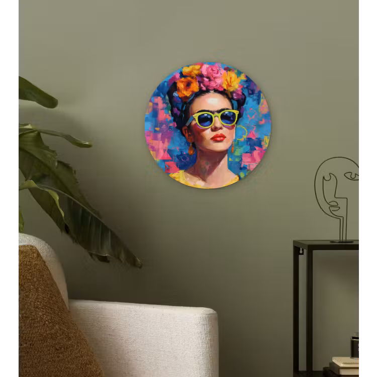 Vrolijk portret - Vrouw - Bloemenkroon Wandcirkel kunststof plaat 5mm dik klein -sfeer3