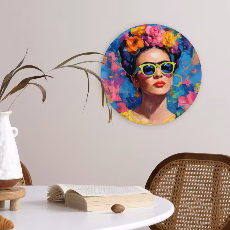 Vrolijk portret - Vrouw - Bloemenkroon Wandcirkel kunststof plaat 5mm dik klein -sfeer4