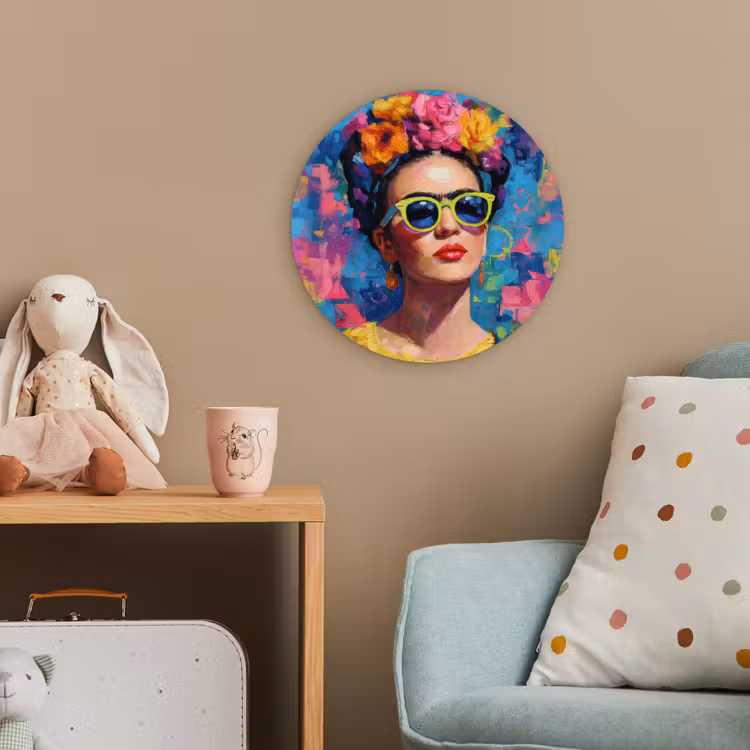 Vrolijk portret - Vrouw - Bloemenkroon Wandcirkel kunststof plaat 5mm dik klein -tsfeer1_kind