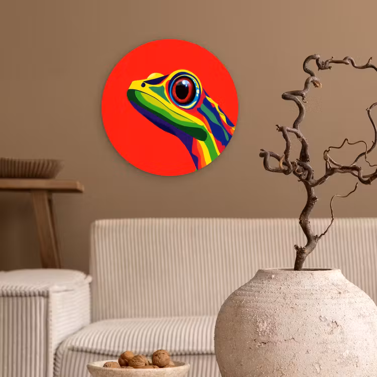 Kikker - Kleurrijk - Strepen - Ogen Wandcirkel kunststof plaat 5mm dik klein -sfeer1