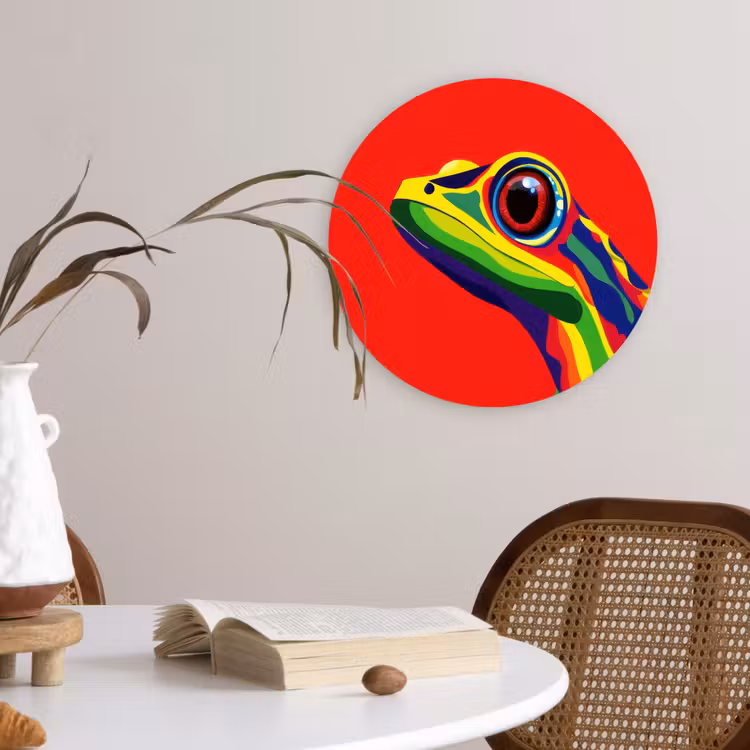 Kikker - Kleurrijk - Strepen - Ogen Wandcirkel kunststof plaat 5mm dik klein -sfeer4