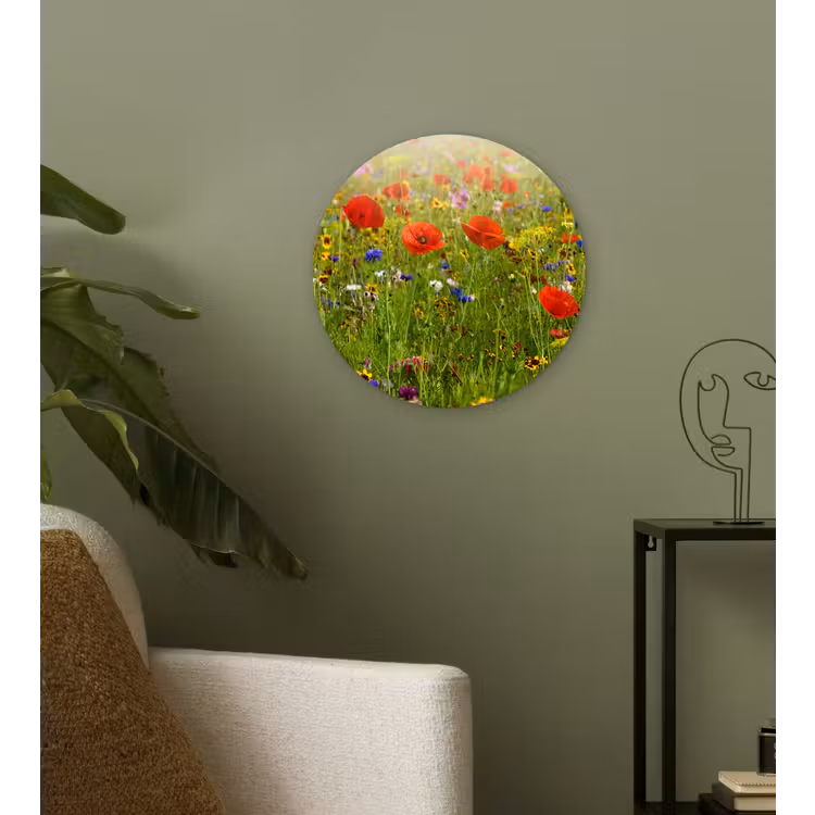 Lente - Bloemen - Rood - Klaproos - Gras - Groen Wandcirkel kunststof plaat 5mm dik klein -sfeer3